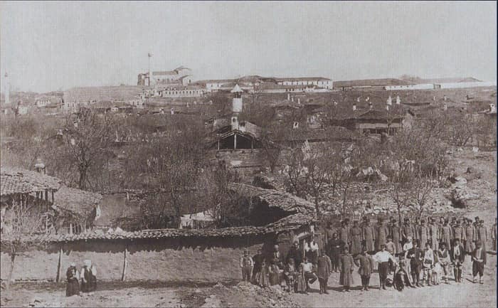 Historic panorama of Sofia in 1878 with Russian soldiers, the church in the background